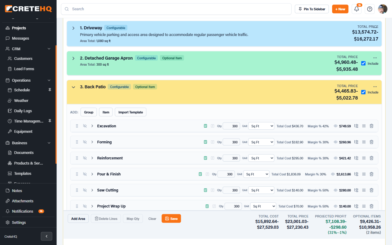 Concrete estimate with itemized costs, pricing, and projected profit