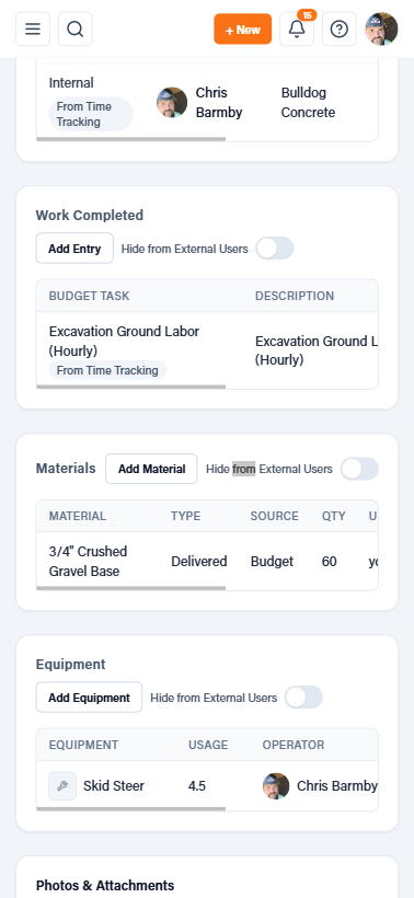 Mobile daily log showing work completed, materials, and equipment