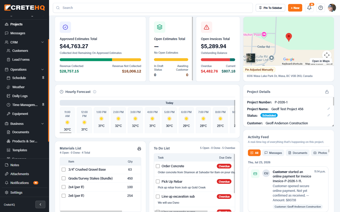 CreteHQ project overview showing estimates, invoices, weather, materials, and project activity