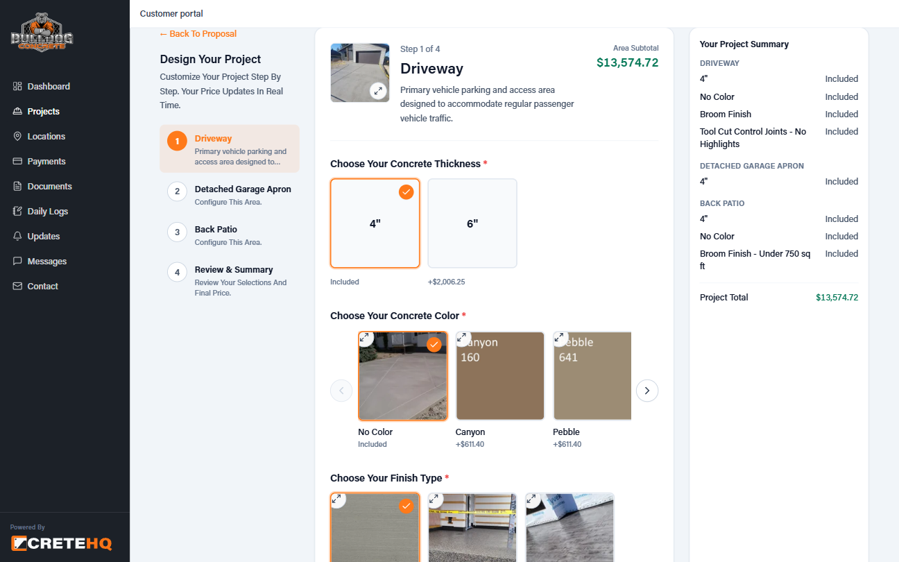 Customer portal for choosing concrete thickness, colour, and finish with a project summary