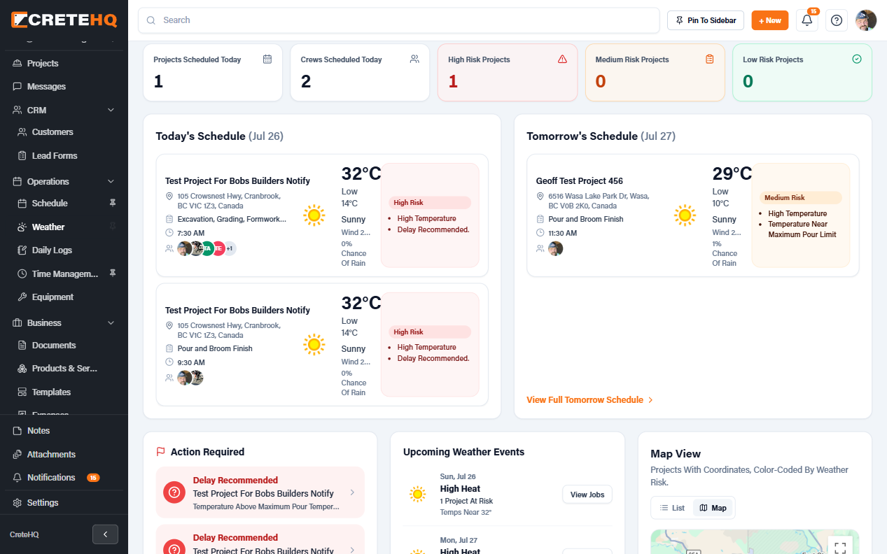 Desktop Weather Command Center showing scheduled jobs and weather risks